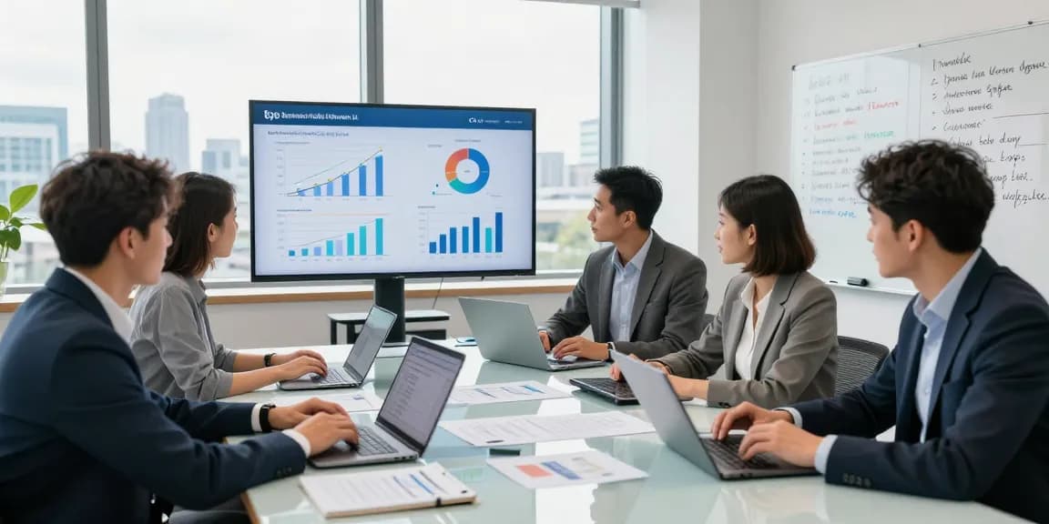 Team evaluating the top business mobile networks UK in a modern office setting, with strategy documents and performance charts visible.