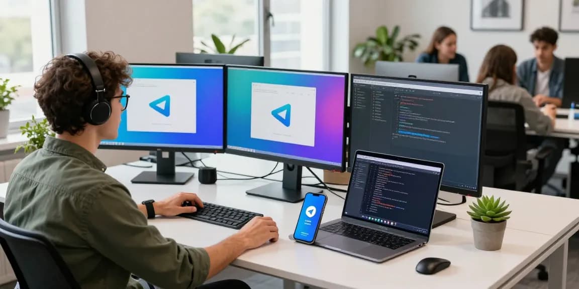 Download Telegram on multiple screens in a modern office setup, showcasing vibrant interface and productivity.