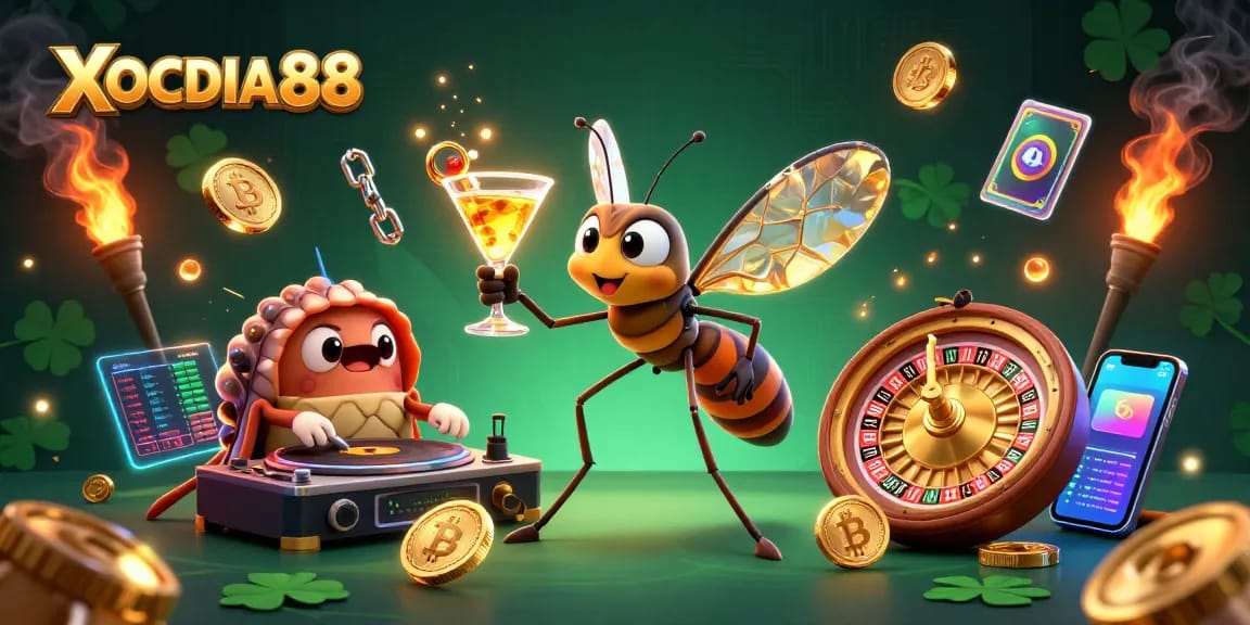 Play thrilling games at XOCDIA88, featuring a vibrant scene with a casino mascot and ancient creatures.