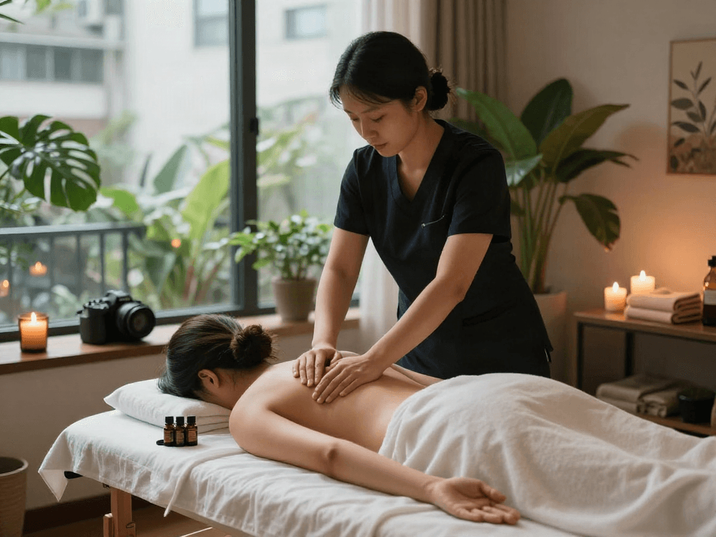 Client receiving 종로출장마사지 in a serene wellness environment, featuring calming elements like candles and soothing lighting.