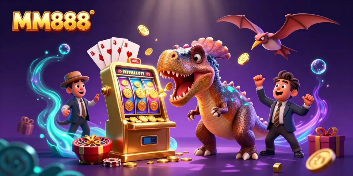 Experience the thrill of MM888 with a dynamic scene featuring fantastical characters and jackpot excitement.