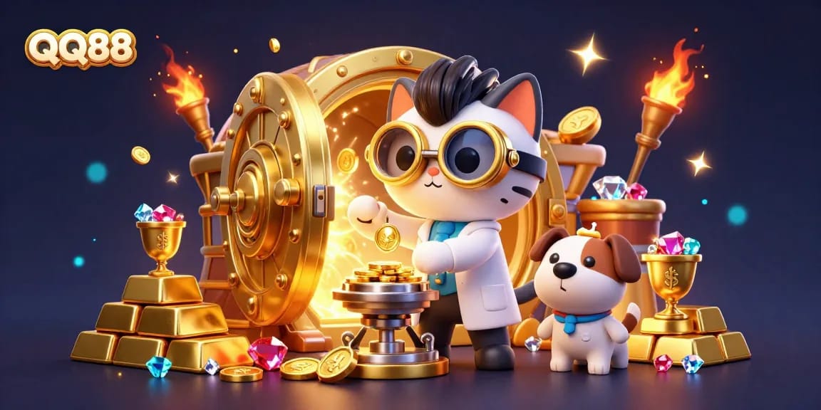 Experience thrilling casino gameplay at QQ88 with vibrant characters and golden treasures.