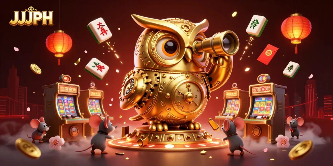 Engage with JJJPH, featuring a massive clockwork owl watching over a vibrant casino floor infused with festive elements.
