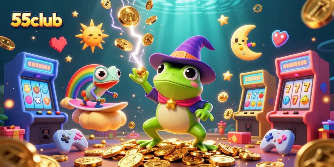 Engage in thrilling games at 55club with magical characters amidst a storm of golden coins.