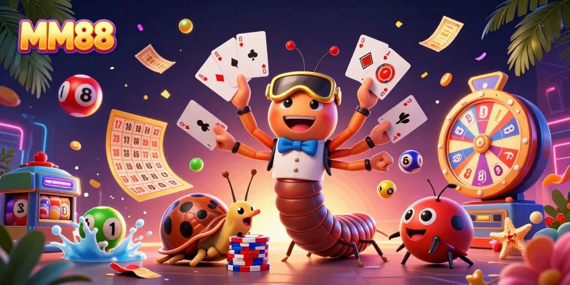 Join the excitement at MM88 with vibrant characters, cards, and lottery action in a thrilling casino vibe.