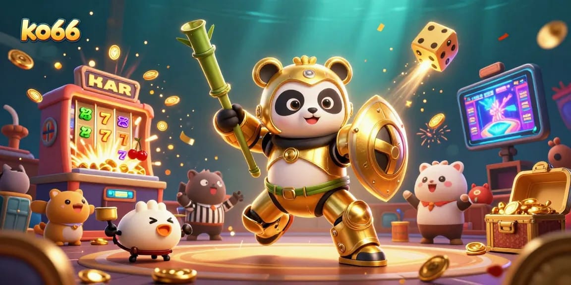 ko66 showcases a vibrant 3D casino scene with a golden panda and dynamic casino elements.