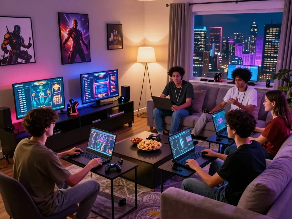 Friends enjoying competitive gaming on MM88 platform in a stylish living room