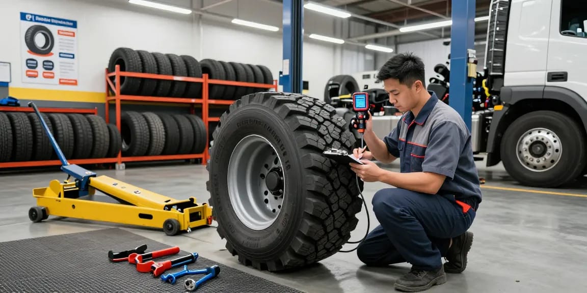 Technician examining Double Coin RR99 tires in a busy automotive workshop setting