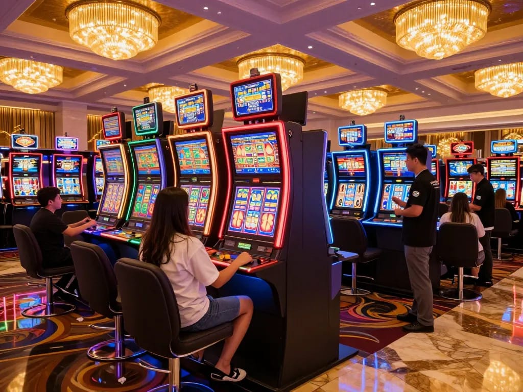 cm88 players enjoying vibrant slot machine spins in a lively casino atmosphere, showcasing excitement and entertainment