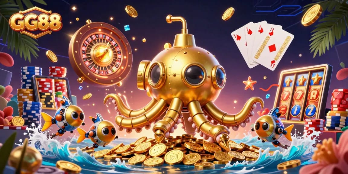 Engage in thrilling gaming with GG88's immersive scene of a mythical kraken surrounded by dynamic casino elements.
