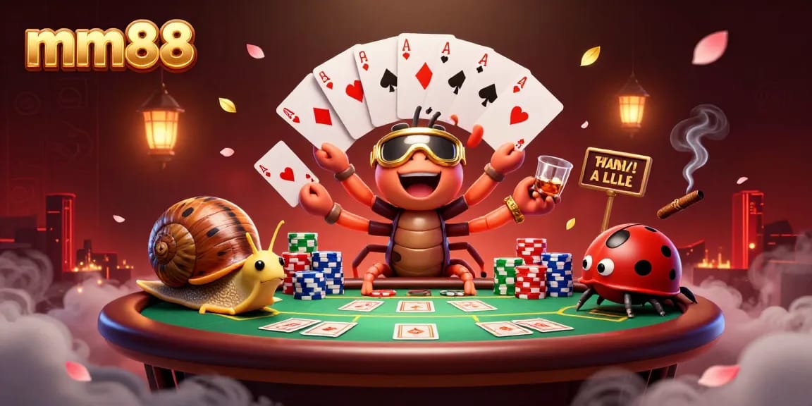 Experience the excitement of mm88 with a dynamic 3D illustration featuring engaging characters and casino elements.