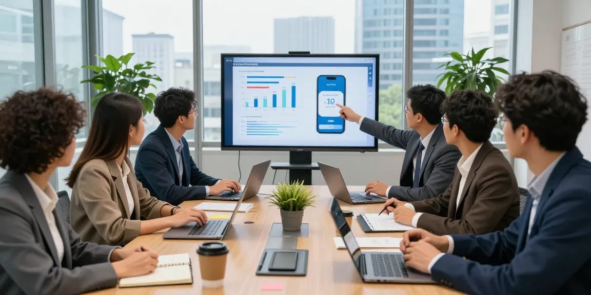 Compare business mobile deals UK in a professional team meeting discussing options with laptops and charts.