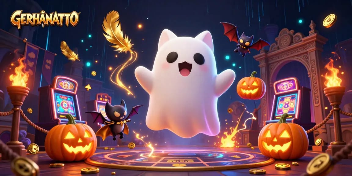 GERHANATOTO membawa Anda ke dalam keseruan permainan dengan gambar kucing hantu dan bat vampir di kasino.