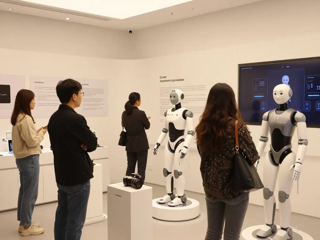 Interactive display of advanced sex bots in a modern tech showroom, showcasing innovative features and AI capabilities.
