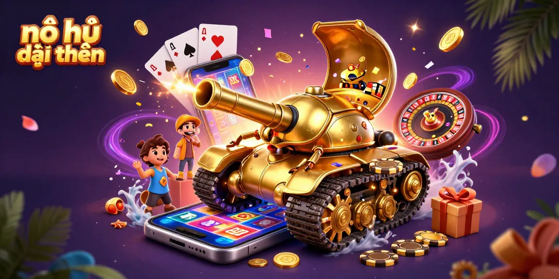 Nổ hũ đổi thưởng scene showcasing a golden beetle tank revealing a lively casino environment with confetti and coins.