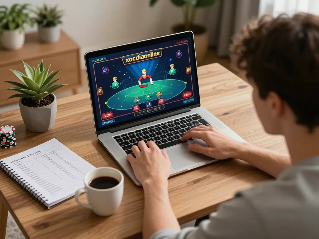 Engaging with xocdiaonline live dealer game in a cozy home setting with strategic notes.