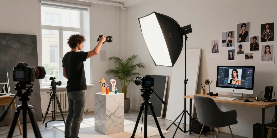 Fotografo professionista in uno moderno studio fotografico MaxArt che cattura gioielli eleganti con un'impostazione di illuminazione professionale.