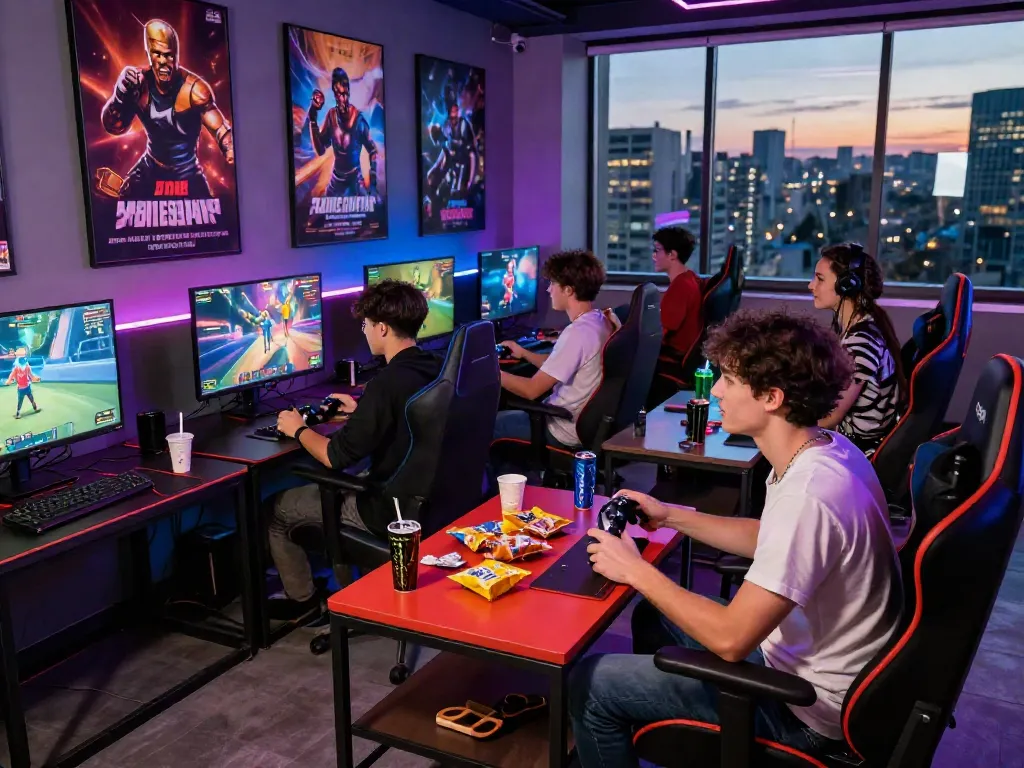 Friends enjoying a gaming night at https://rokok88digital.com with vibrant lighting and competitive spirit.