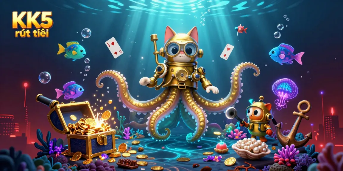 KK5 rút tiền: Dive into exciting underwater casino adventures with a vibrant kraken scene.
