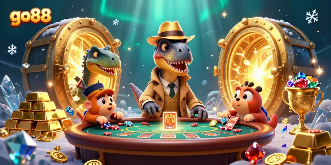 Win big with go88 as a velociraptor card counter navigates a blackjack table amidst treasures!