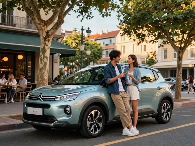 Scena di noleggio lungo termine Citroen C3 in un ambiente urbano vivace, mostra una coppia felice con le chiavi dell'auto.