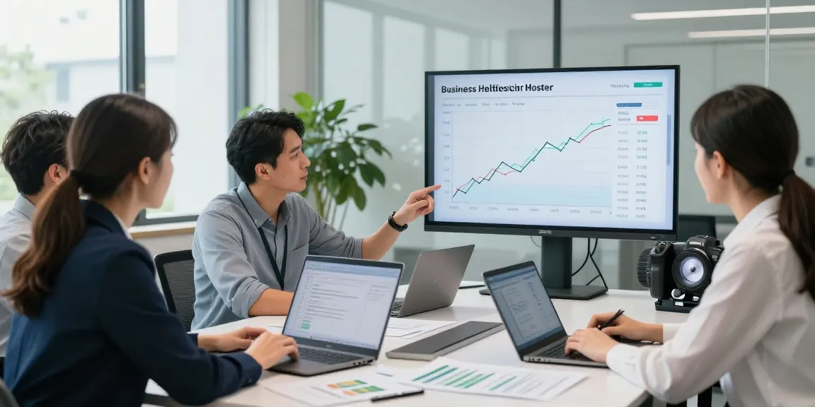 Business professionals discussing business electricity half hourly meter data in a modern office.