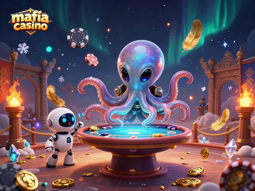 Play poker with thrilling elements at mafia casino featuring a vibrant alien octopus and robot
