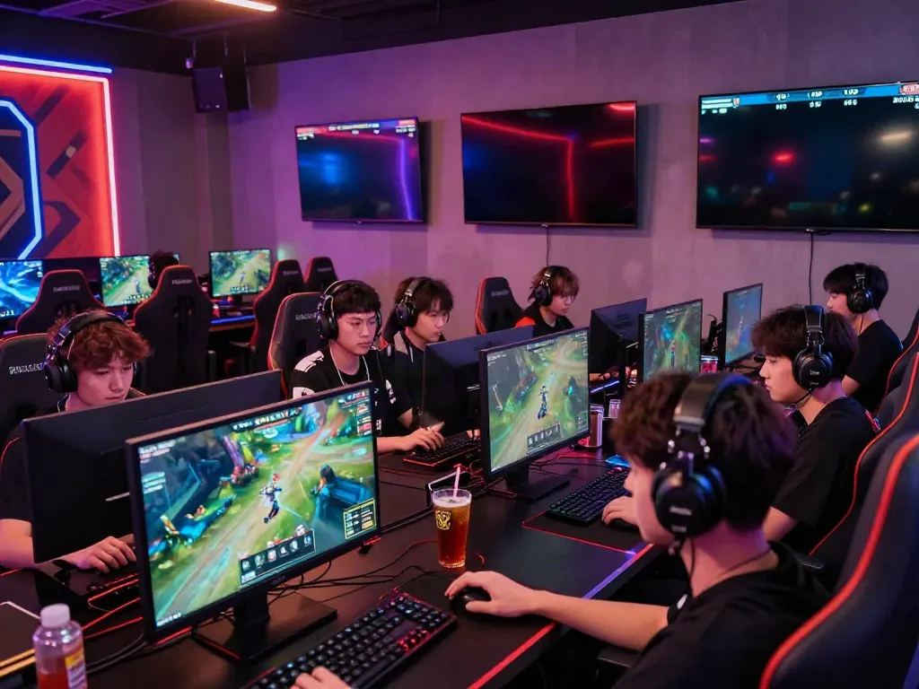 Gamers immersed in a rokok88 competition in a vibrant esports arena, showcasing teamwork and excitement.