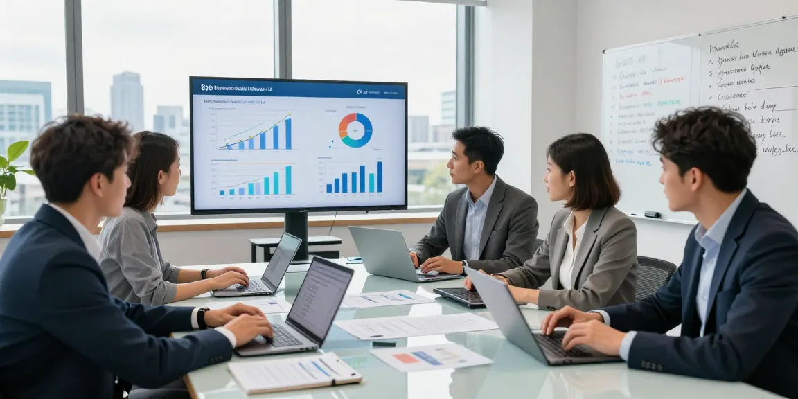 Team evaluating the top business mobile networks UK in a modern office setting, with strategy documents and performance charts visible.