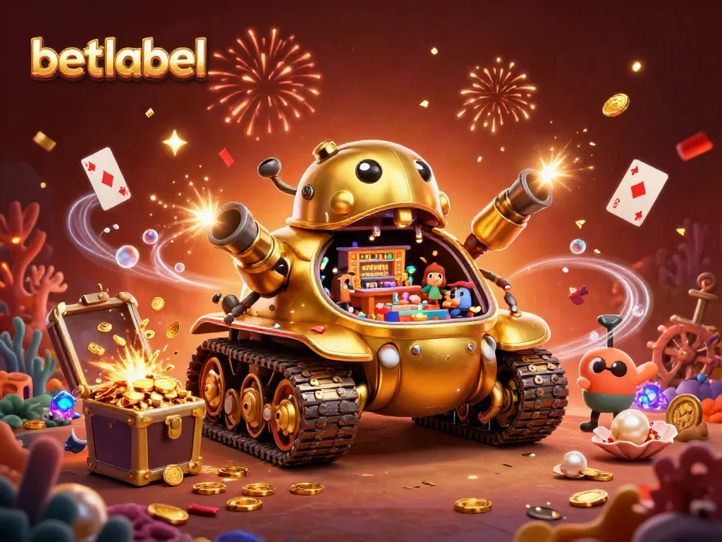 Immerse yourself in the vibrant betlabel casino world featuring a dynamic golden beetle tank with a miniature gaming scene.