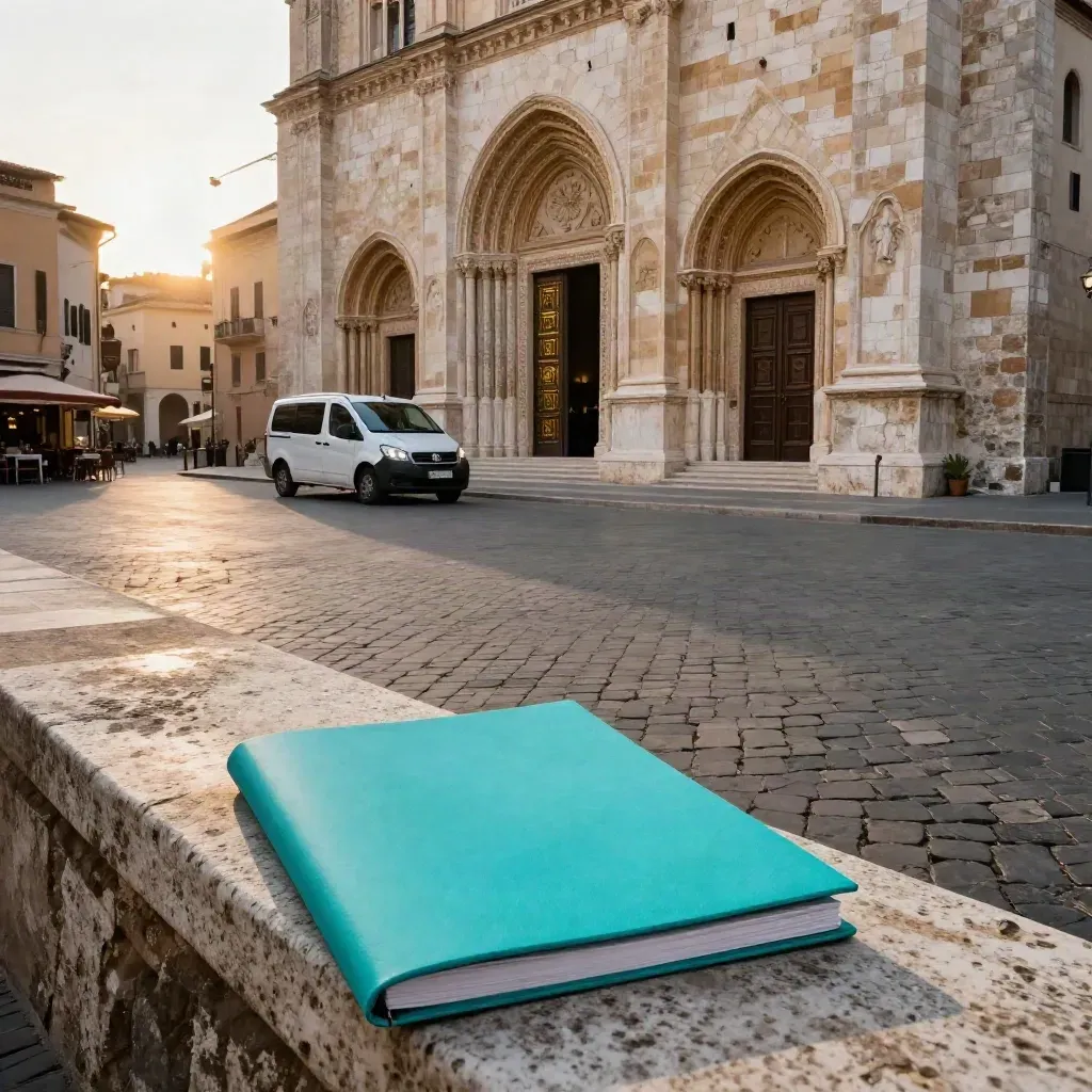 Piazza rinascimentale con minivan, duomo aperto e cartella turchese per tour guidati