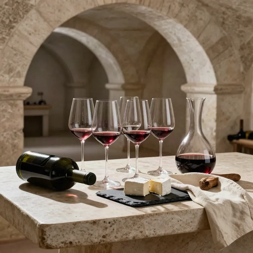 Cella in pietra con degustazione di vino, calici, decanter e tagliere di formaggi.