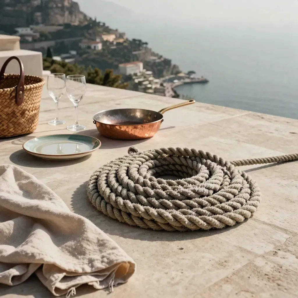 Terrazza mediterranea con corda, calice, rame e vista su collina e porto italiani.