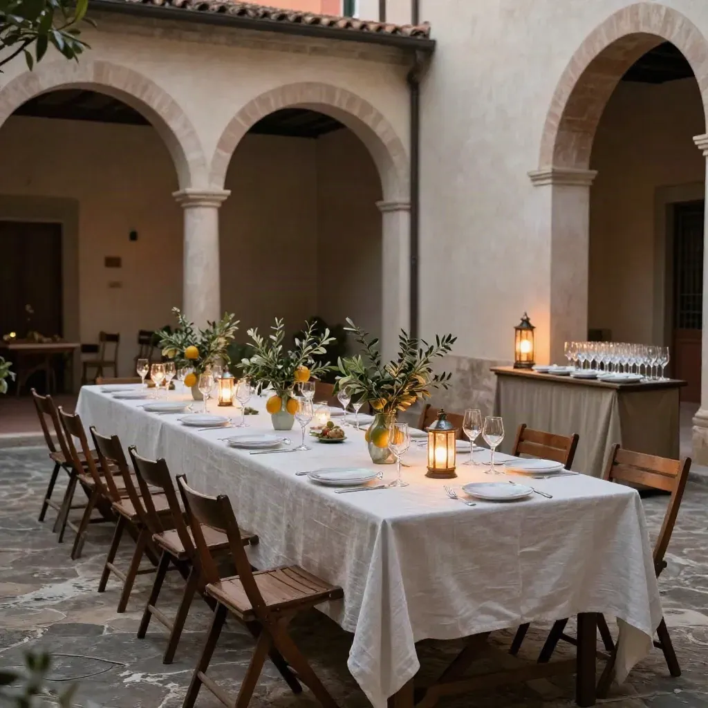 Courtyard italiano allestito per una cena privata con tavolo lungo, lanterne e luci soffuse.