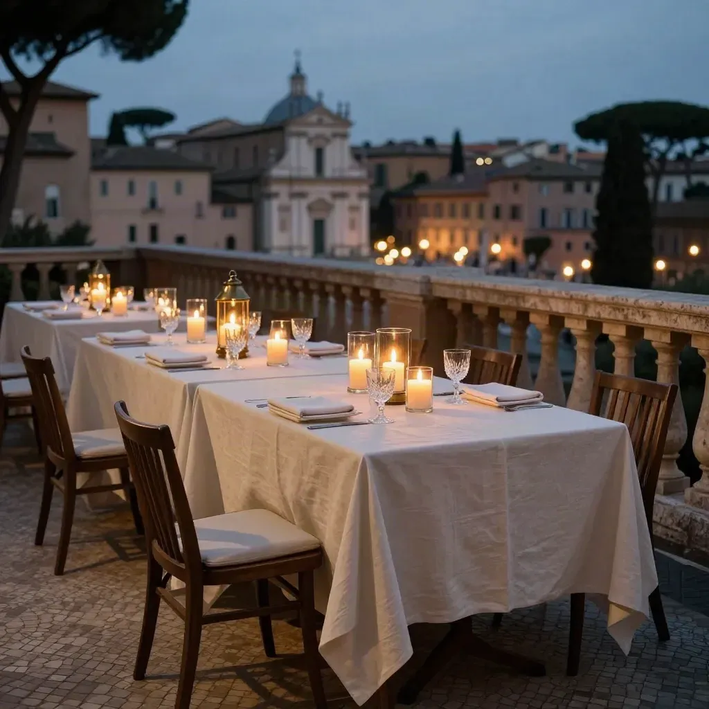 Terrazza romana a cena con candele accese e piazza illuminata al crepuscolo