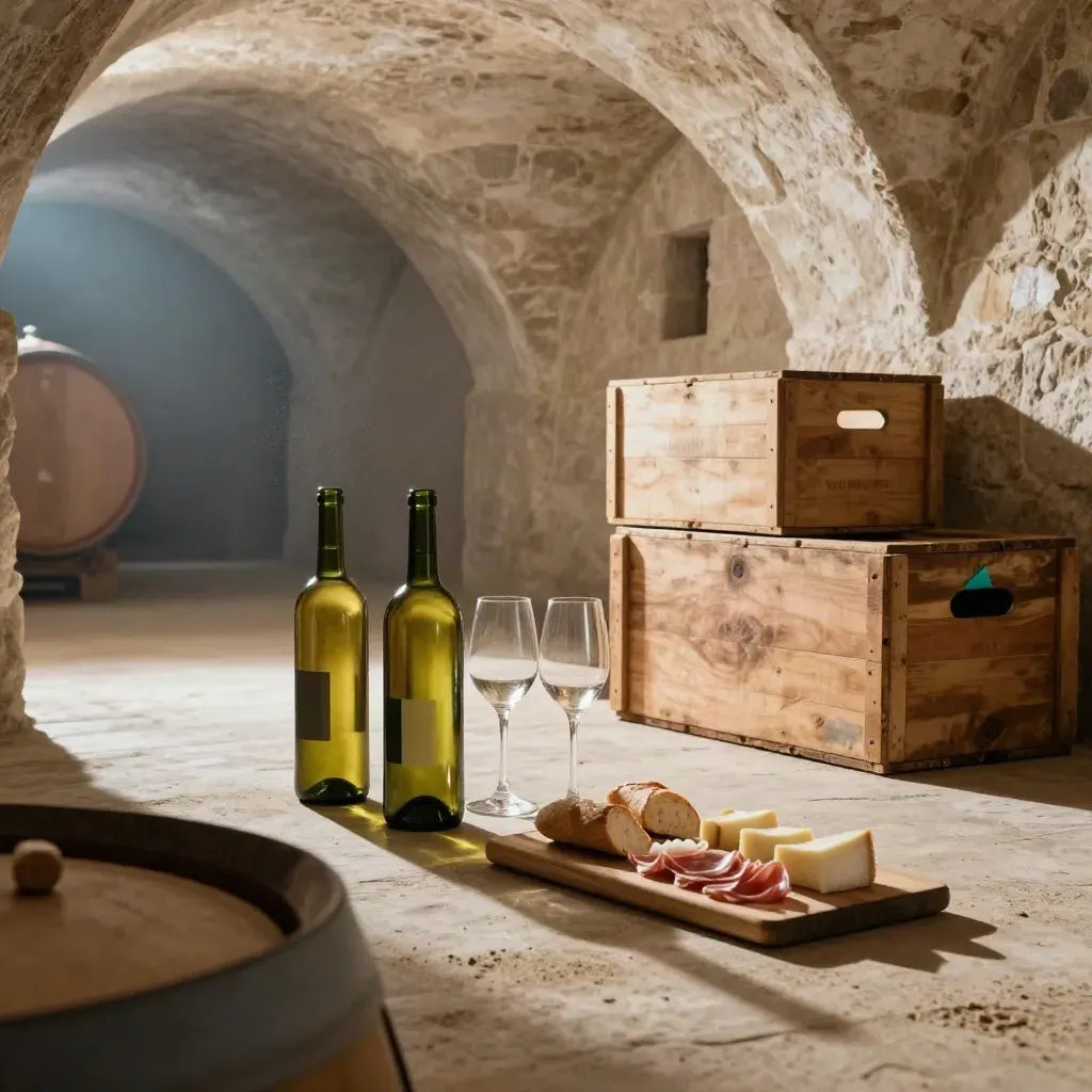 Cantina in Valpolicella con tre bottiglie aperte, calici allineati, tagliere pranzo e casse di legno.