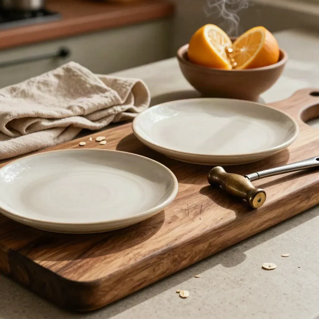 Tagliere in ulivo con piattini ceramici, cavatappi, lino piegato e agrumi.