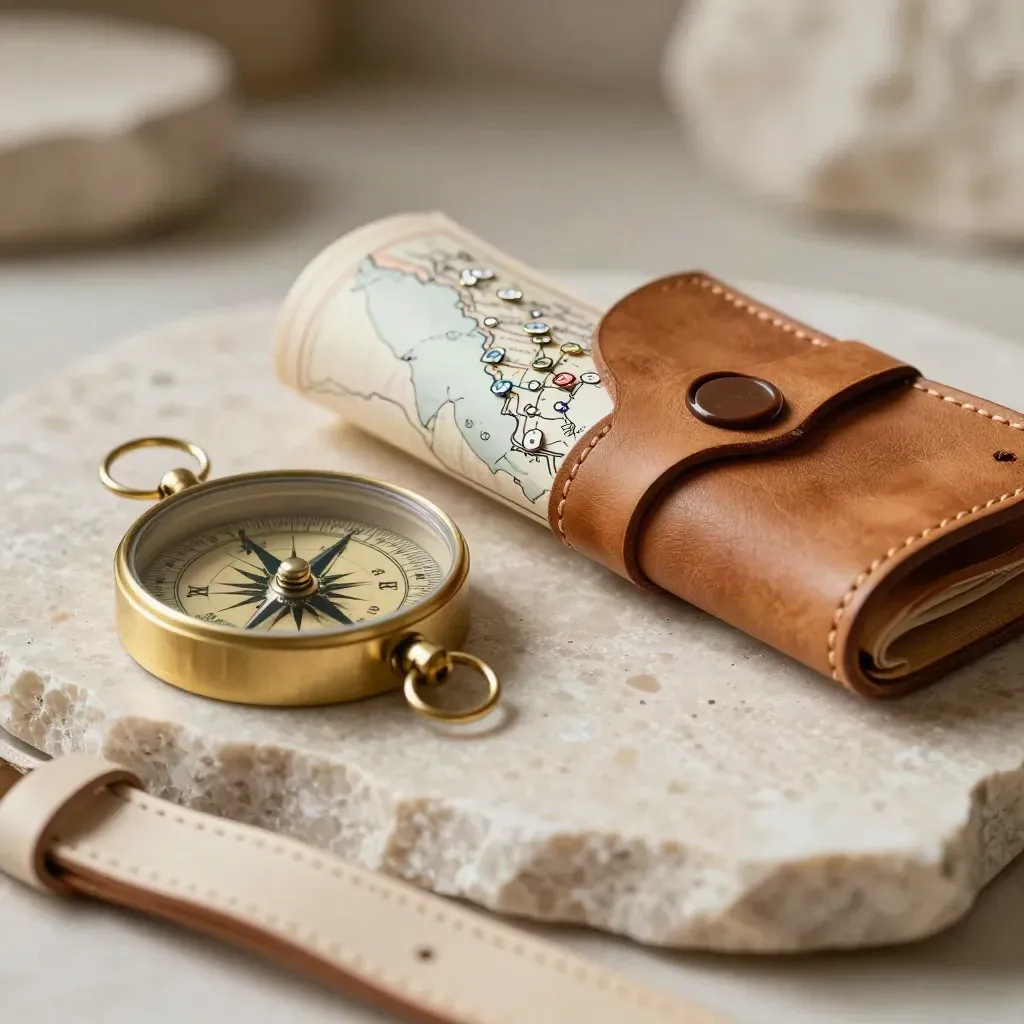 Bussola in ottone, spilli destinazione, tubo mappa e borsa in pelle su lastra di travertino.