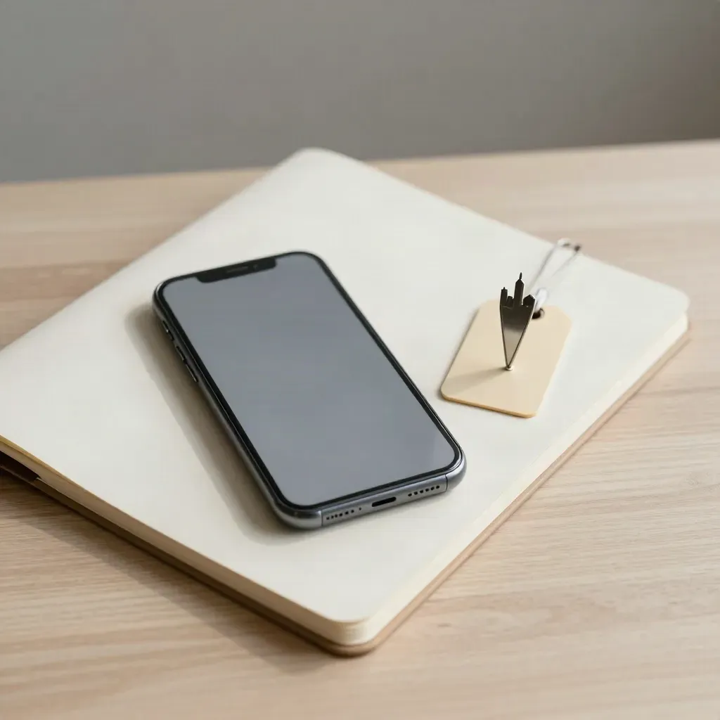 Smartphone, taccuino chiuso, pin città e tag bagagli su legno chiaro, luce morbida