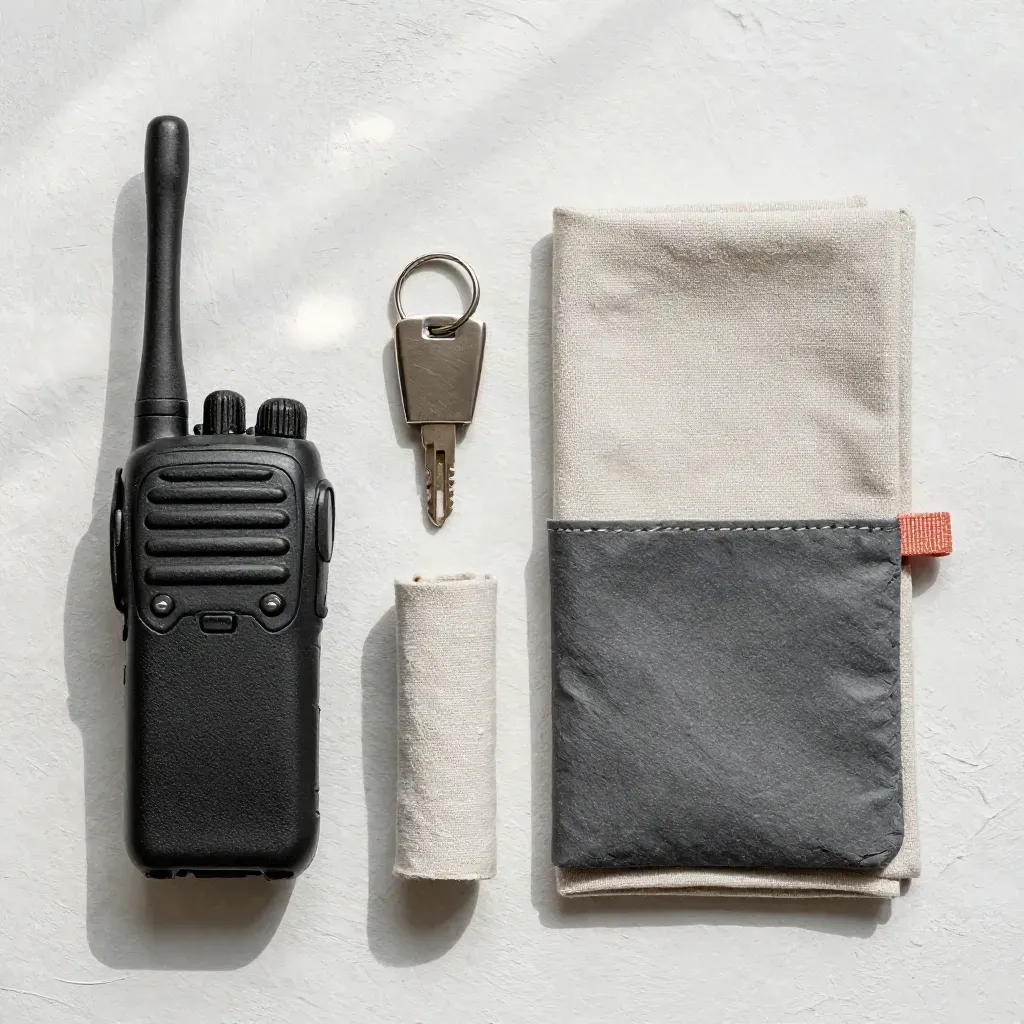 Kit di supporto con walkie-talkie, portachiavi, lino arrotolato e pouch su intonaco chiaro.