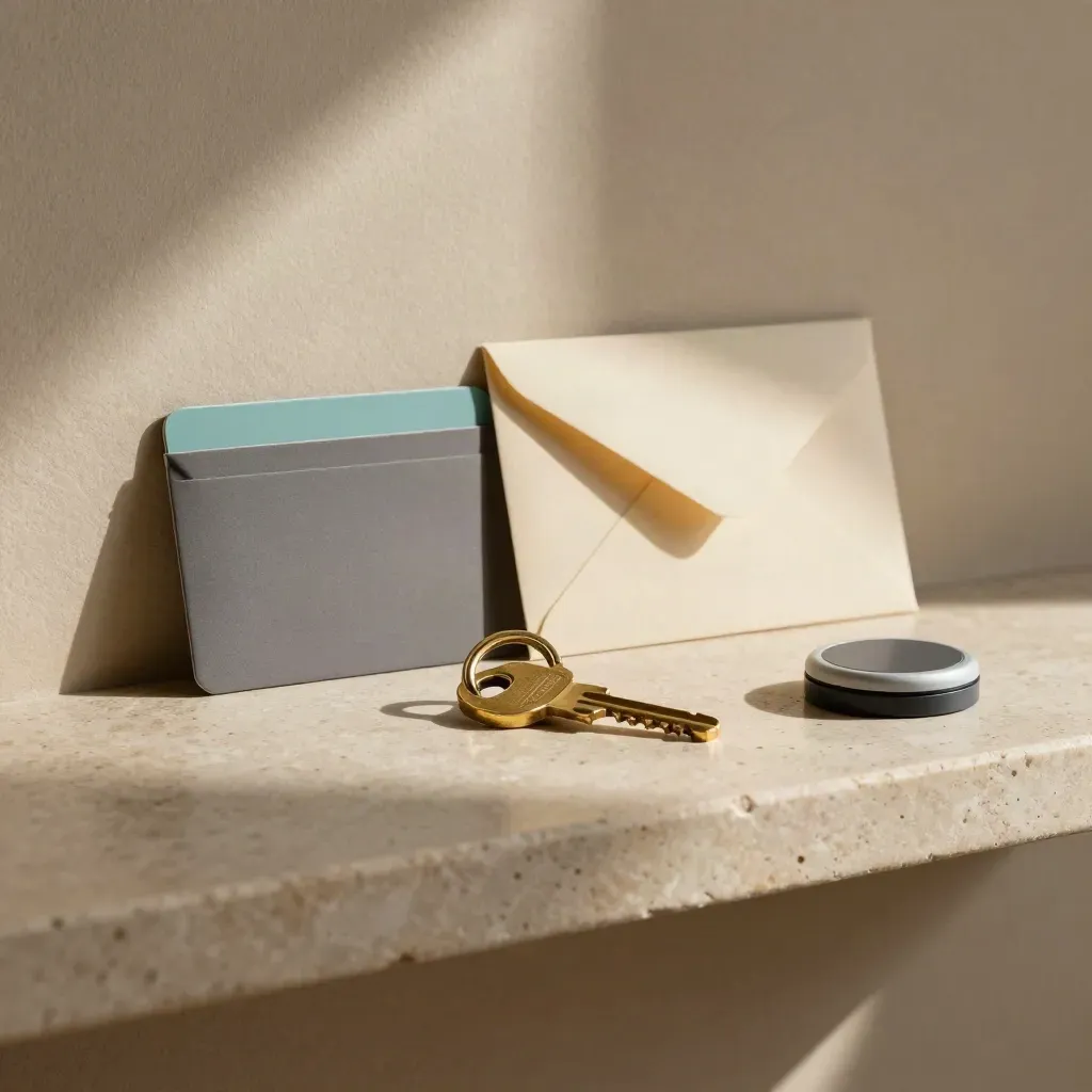 Anello chiave in ottone con busta sigillata, card holder e puck pagamento su ripiano in pietra.