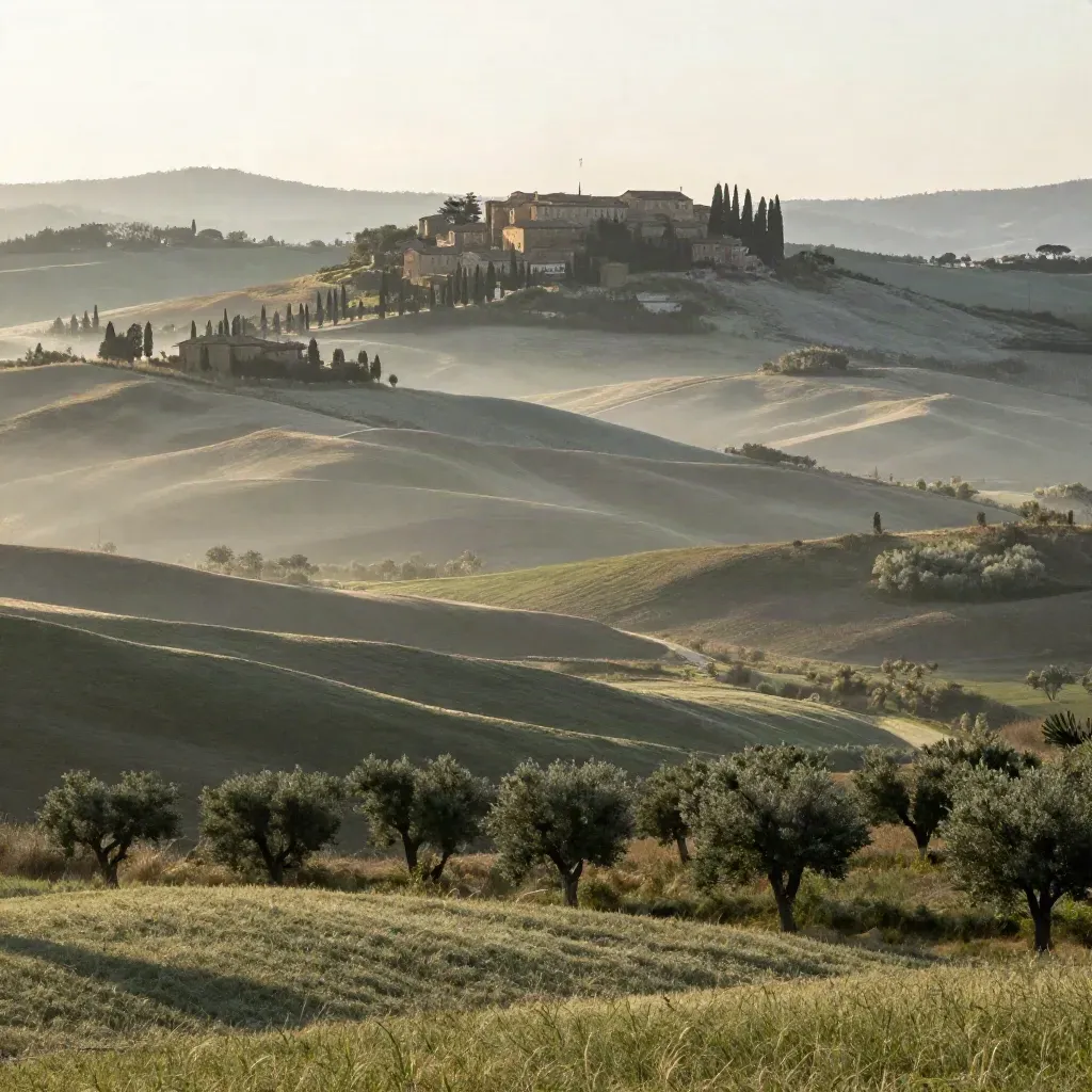 Colline toscane al primo sole con cipressi, borgo lontano e valle velata di foschia.