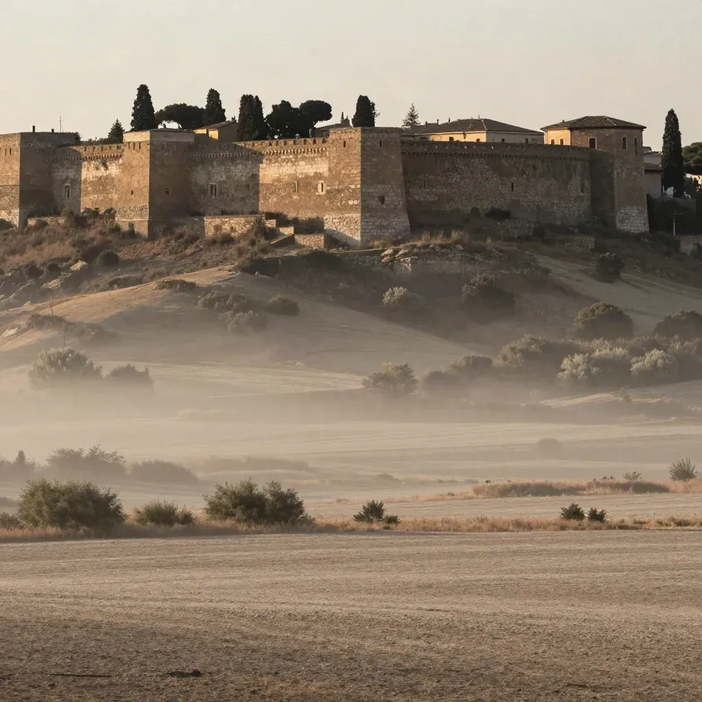 Panorama di antiche mura in pietra nel Lazio sopra una valle nebbiosa e quieta