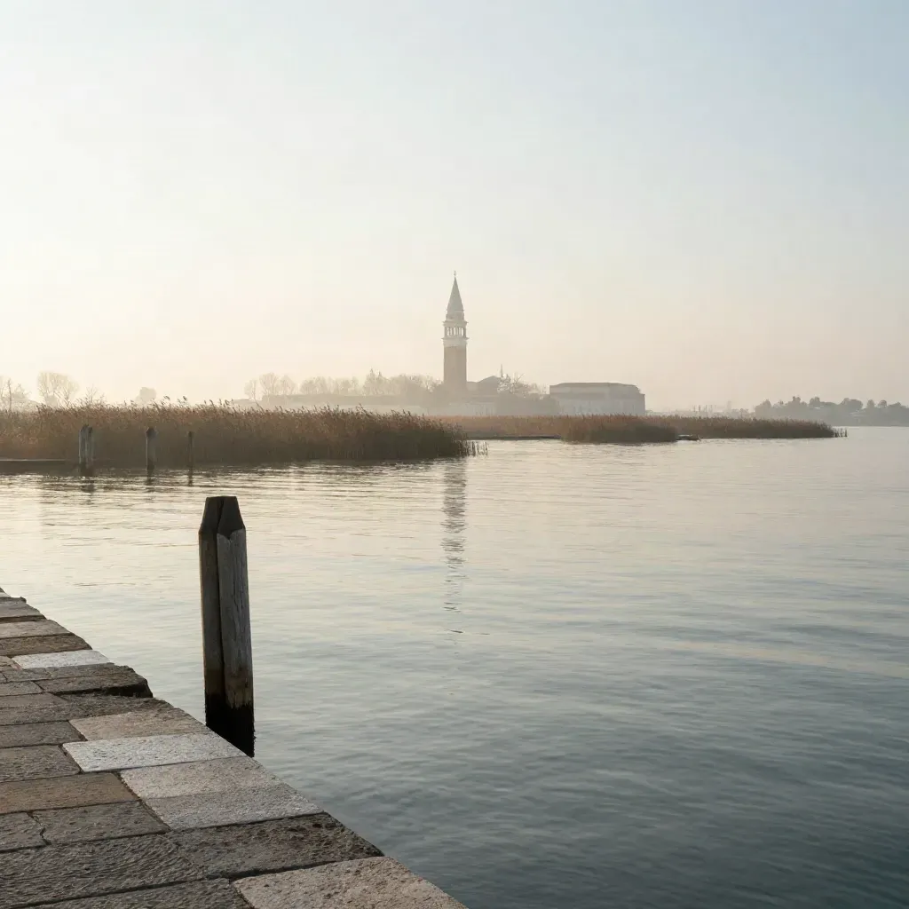 Campanile veneziano lontano sulla laguna calma avvolta nella foschia del mattino