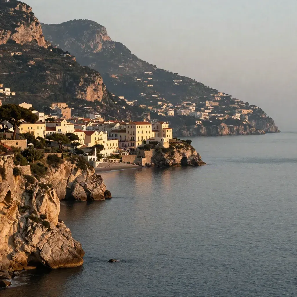 Scogli della Costiera Amalfitana al tramonto con villaggio in collina e mare in basso.