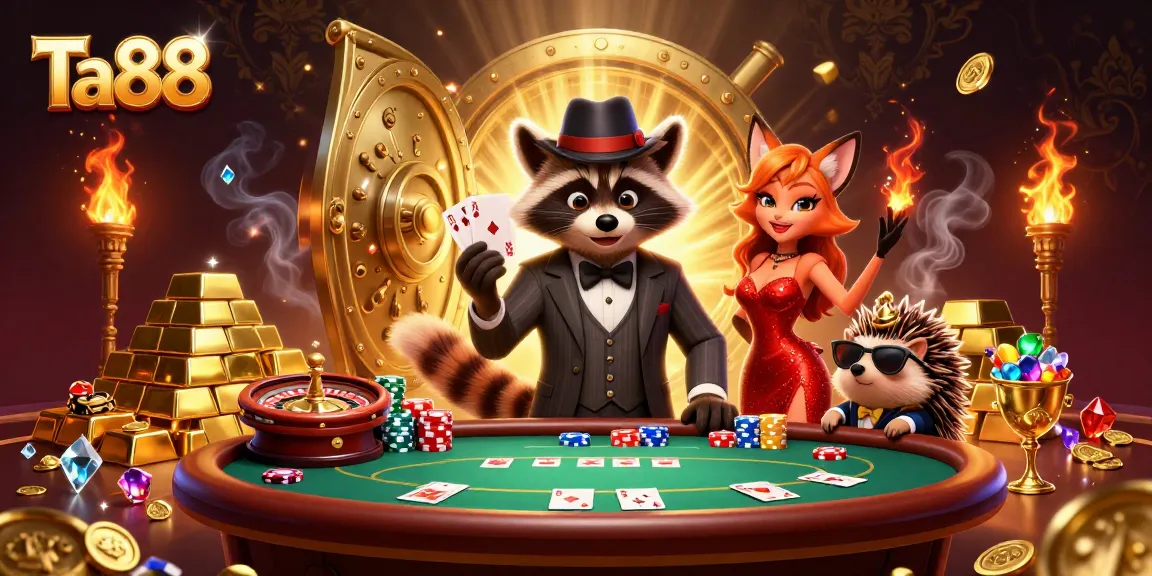Join the excitement at Ta88 with a royal flush hand at the poker table, surrounded by treasures and gems.
