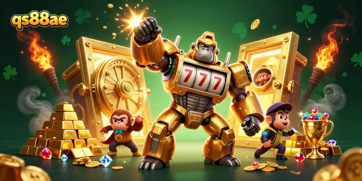Experience thrilling gameplay with qs88ae's golden gorilla mech surrounded by treasures and jackpots.