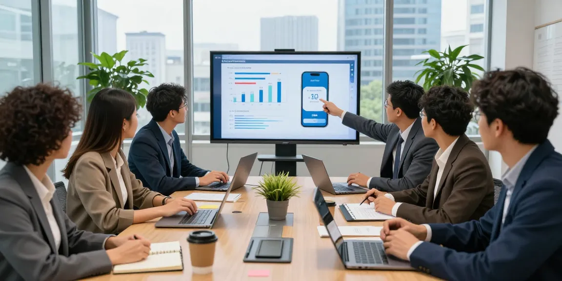 Compare business mobile deals UK in a professional team meeting discussing options with laptops and charts.