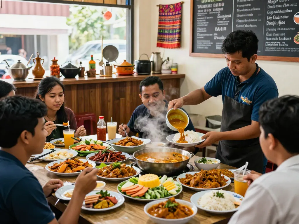 Customers enjoying a vibrant Nasi Kandar experience at rokok88, with colorful curries and fresh ingredients showcased.