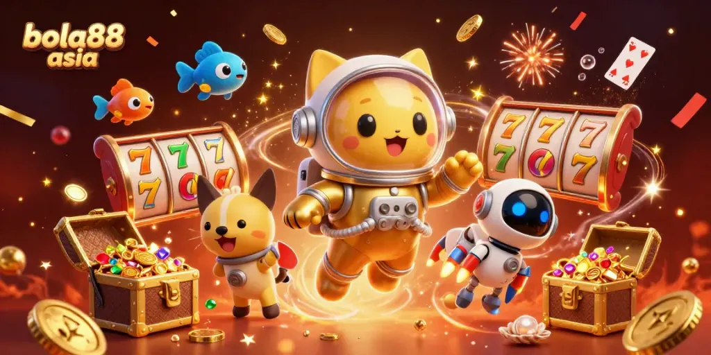 Spin the reels with bola88 asia's vibrant slot symbols and jackpot treasures amidst cosmic elements.